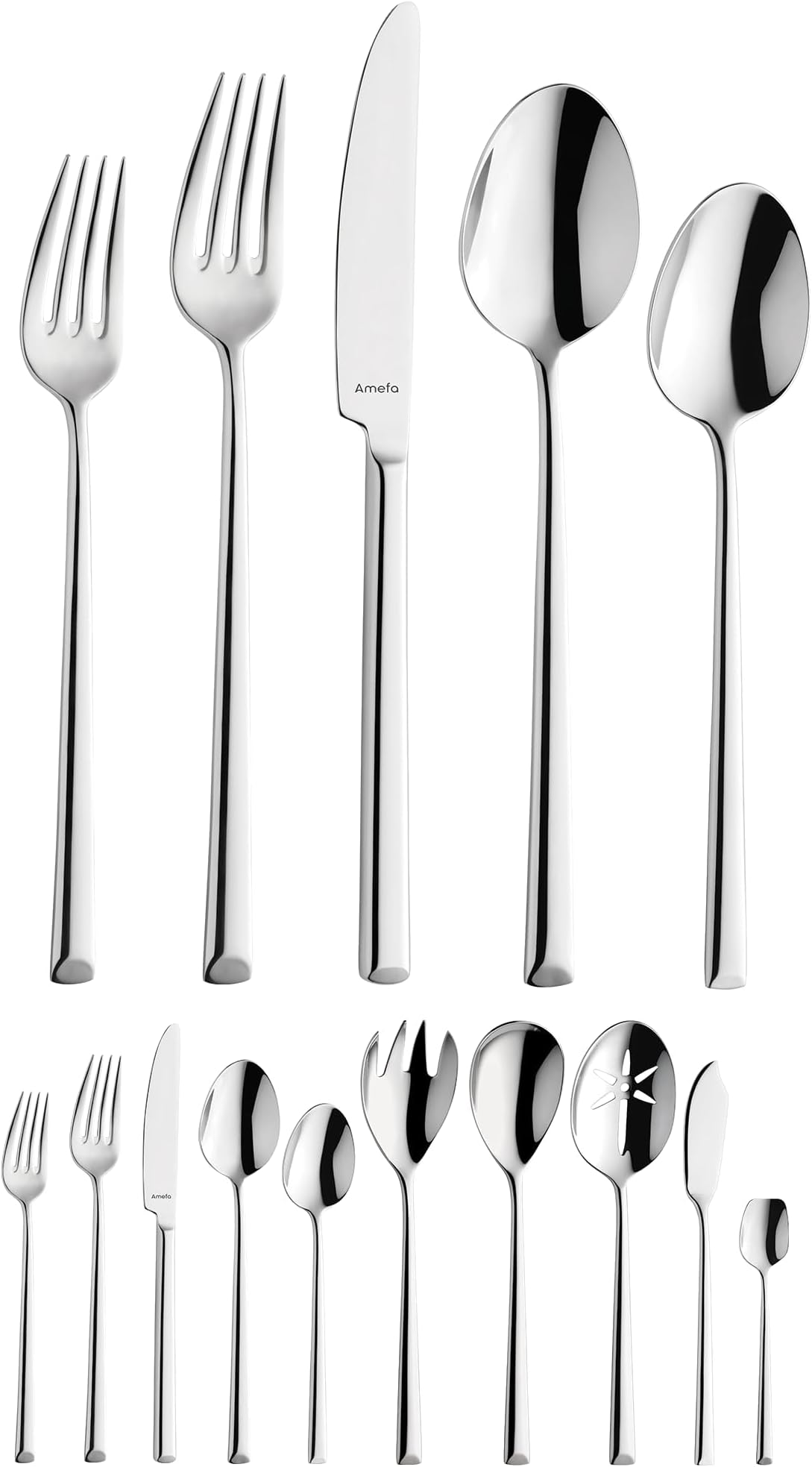- Amefa Metropole 45-Piece Flatware, Set for 8 – Stainless Steel Silverware, Polished Mirror Finish, Ergonomic Rust-Resistant Cutlery, Forks, Knives, Spoons, Salad Forks & Teaspoons for Dining & Parties