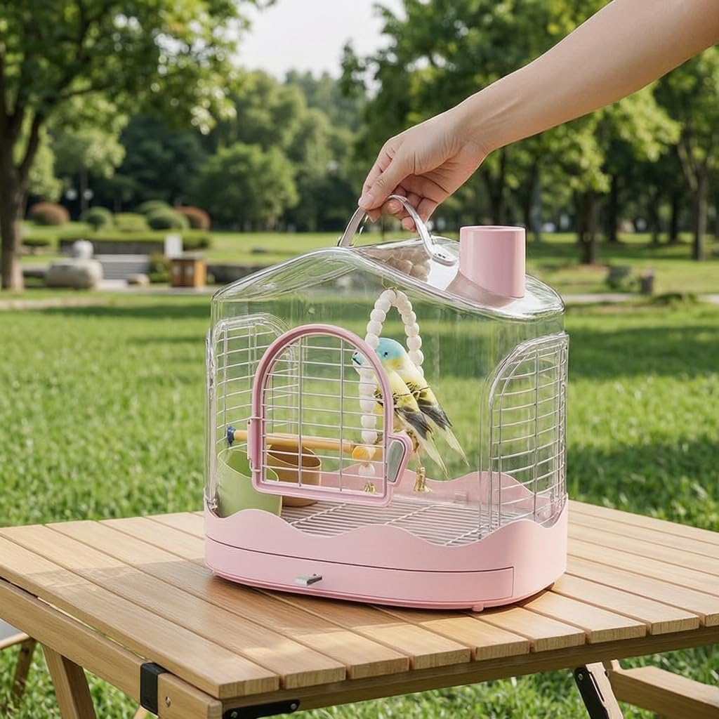 Harilla Gabbia Trasportino Portatile per Uccelli Gabbia da Viaggio Contenitore per Volatili Box per Pappagalli Chiusura Antifuga, Rosa, Gabbia per uccelli 986 - Rosa + Altalena + Posatoio