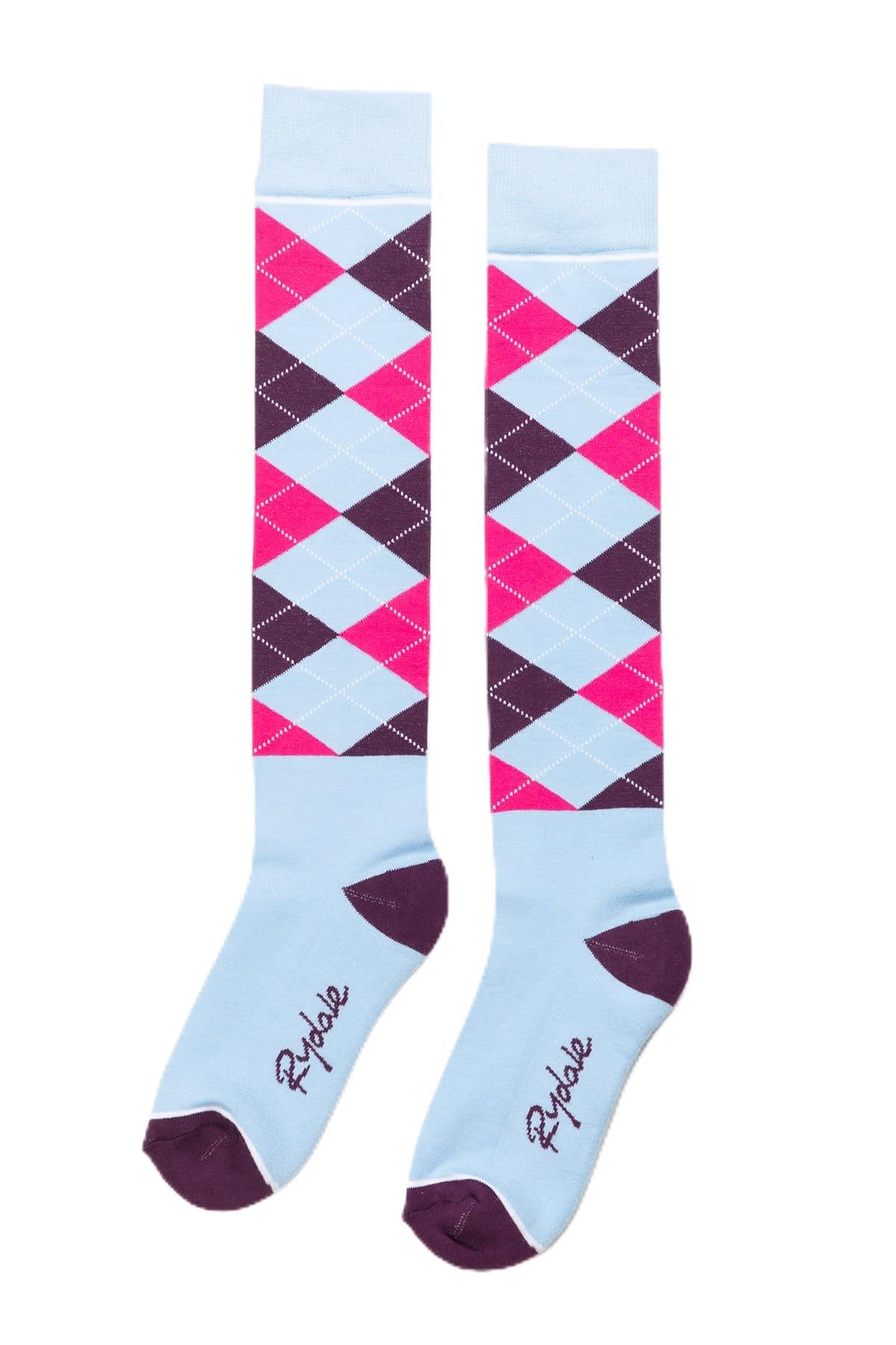 Ladies Knee High Riding Socks Cotton Blend Women's Equestrian Boot Sock Cushioned Sole Long Socks (Argyle Soft Blue)