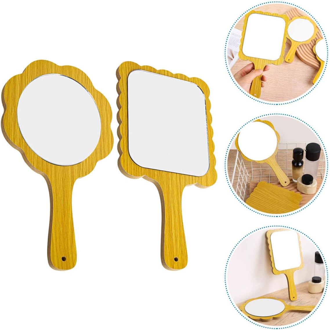 Handheld Vanity Mirrors 2pcs Wooden Cosmetic Mirrors with Handle Lightweight for Travel and Home Use