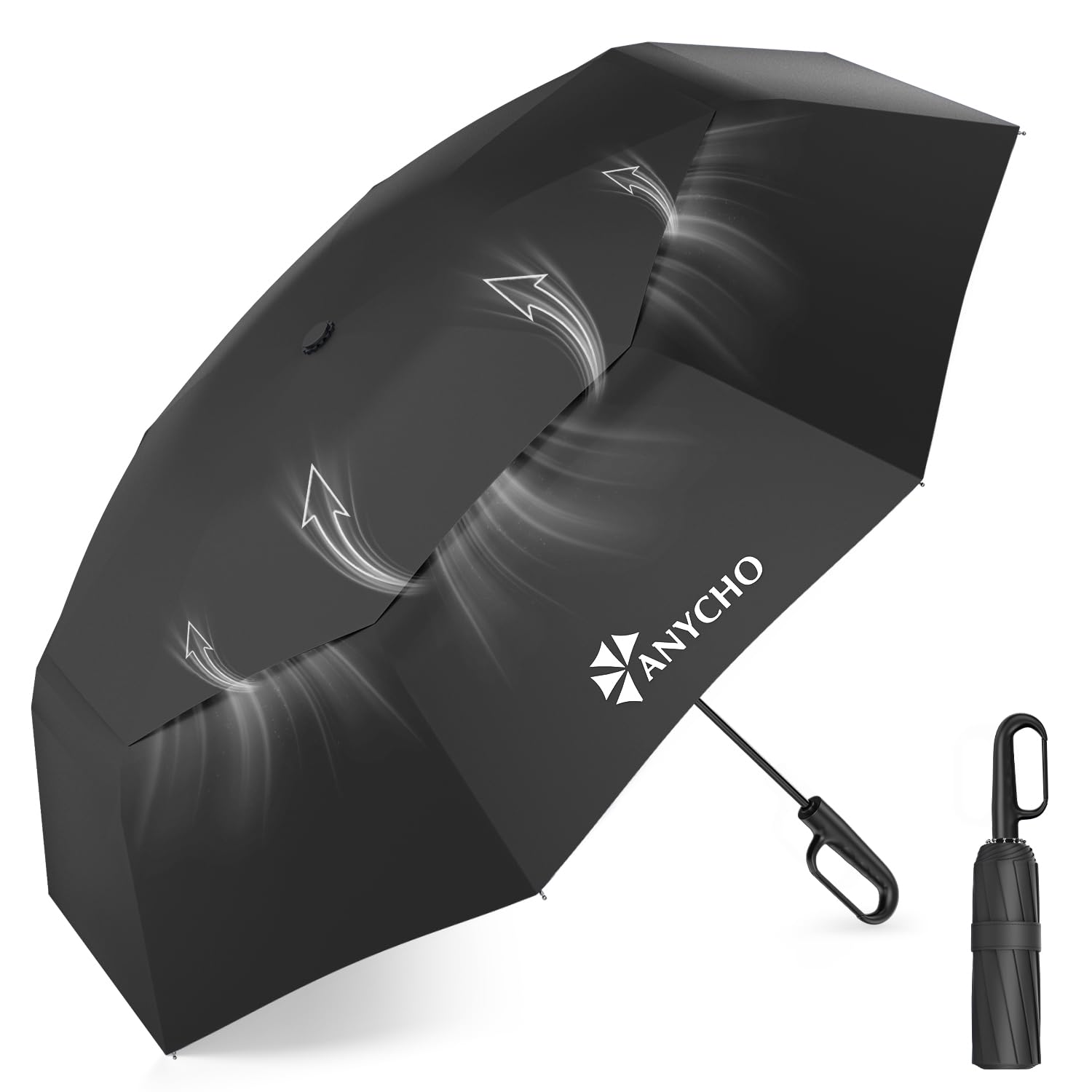 54 Inch Umbrella for Rain Big Size, Double Layer Vented Sun Umbrella with Carabiner Handle & 8 Double Ribs, Windproof Waterproof Auto Open Umbrella for Men Women-image-3