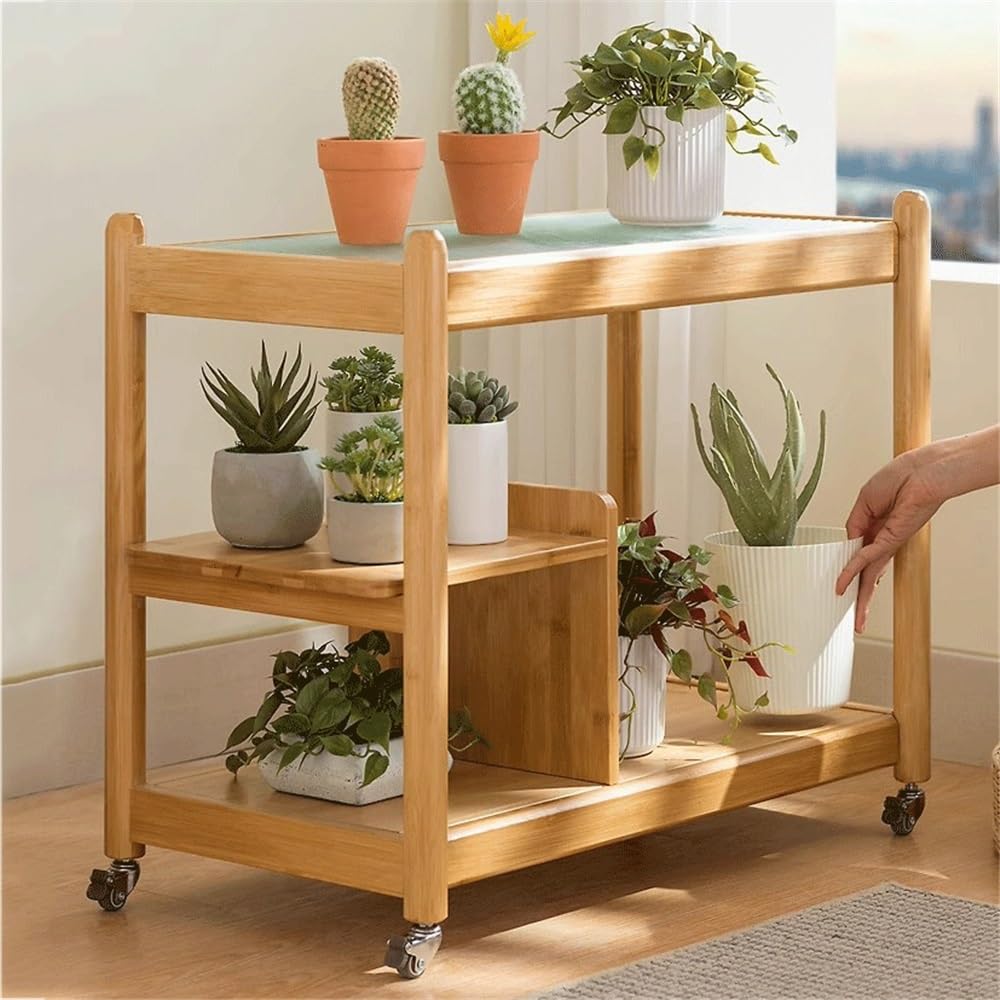 Libreria Portatile Carrello portaoggetti for libreria con Ruote universali, ripiano in bambù con lastra di Vetro, for Studio Domestico o espositore Mobile for Ufficio Scaffale di stoccaggio