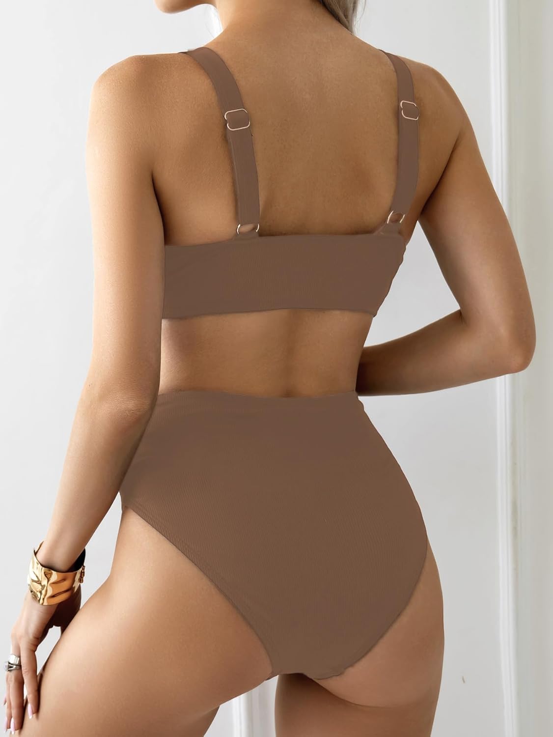 Sexy Ribbed Bikini Set 2 Piece Womens High Waisted V-Cut Cheeky High Leg Tummy Control Longline Swimsuit - Image 2