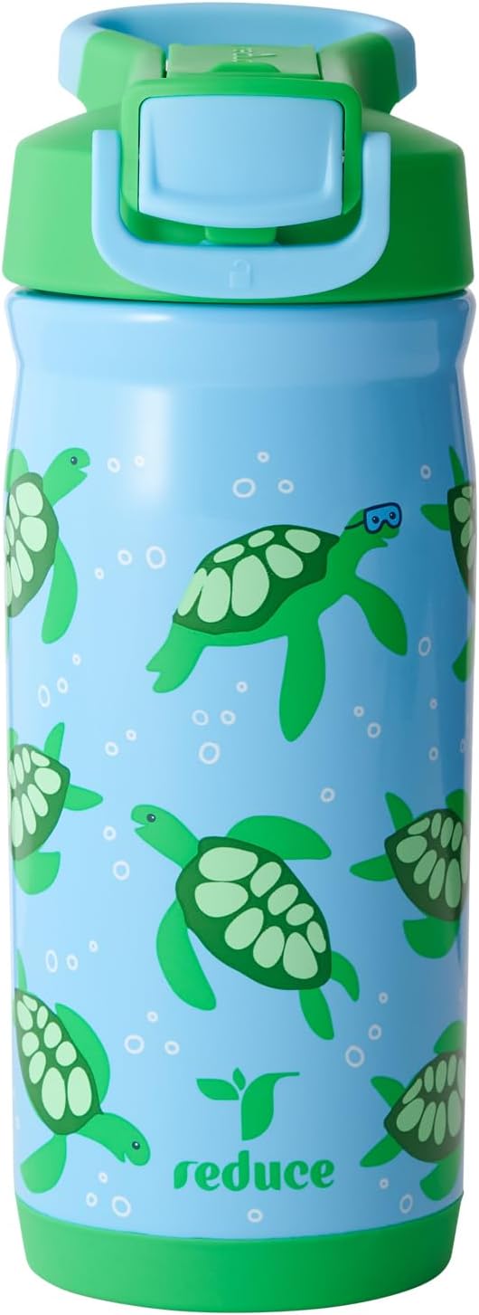 Reduce Hydrate Pro Kids 14oz Stainless Steel Insulated Water Bottle w/Straw – Spill Proof Tumbler for Kids – 30 Hour Cold Retention – Dishwasher Safe Leak-Proof Design – Scuba Turtles