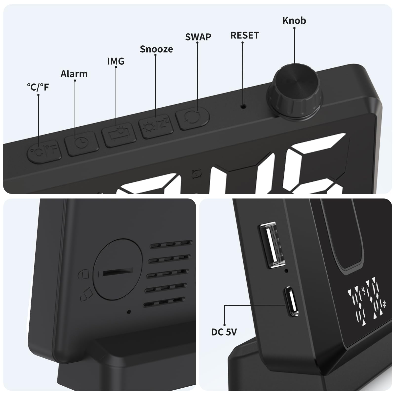 Reloj despertador de proyección para dormitorio, reloj digital de cara de espejo con proyector de 180° en la pared del techo, regulador de intensidad de 3 niveles, puertos de carga USB, alarma dual