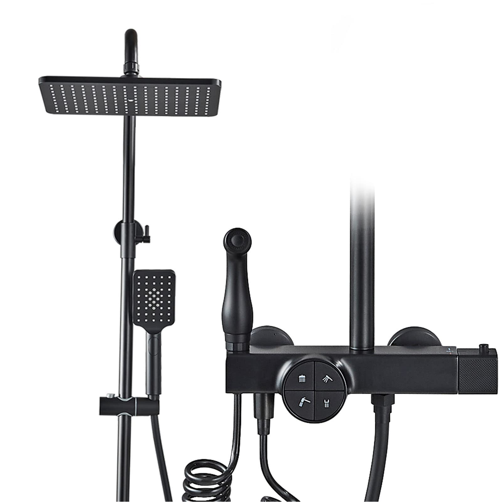 Miscelatore termostatico doccia Set Nero opaco, Montaggio a parete Bagno Doccia Miscelatore Rubinetto Ottone, Soffione doccia a pioggia con doccetta, Bidet Spruzzatore, Rubinetto vasca da