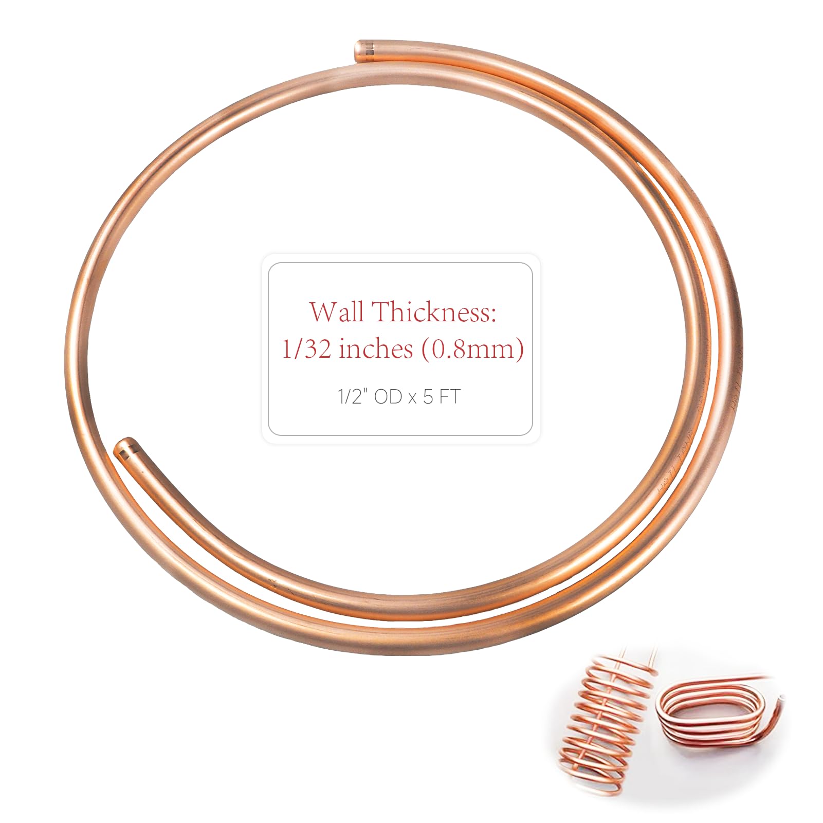 99.9% Copper Tube 1/2" OD x 7/16" ID 5 Ft, Tube Wall: 1/32", Refrigeration Seamless Round T2 Pure copper tubes, Soft Coil Copper Tubing, Used In Refrigerators, Air conditioners, DIY projects...