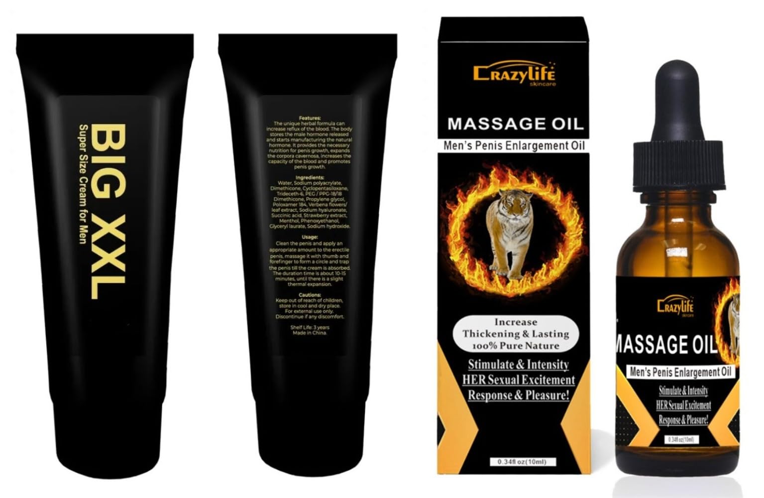 Crazylife Massage Gel Gold for Men, Male Enlarger Gel Natural Growth Oil Fast Big Thick Long by CrazyLife for Men Increase Gel Oil (Pack of 2) (Crazylife Gel & Tigger Oil)
