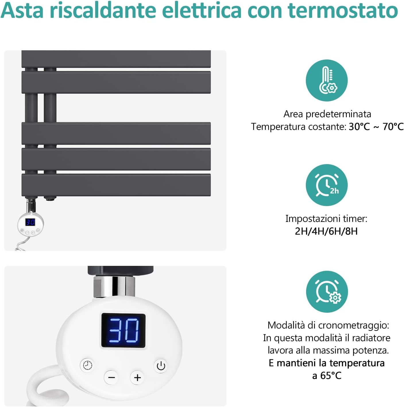 Detail ovládacího panelu topné tyče s nastavením teploty a časovače