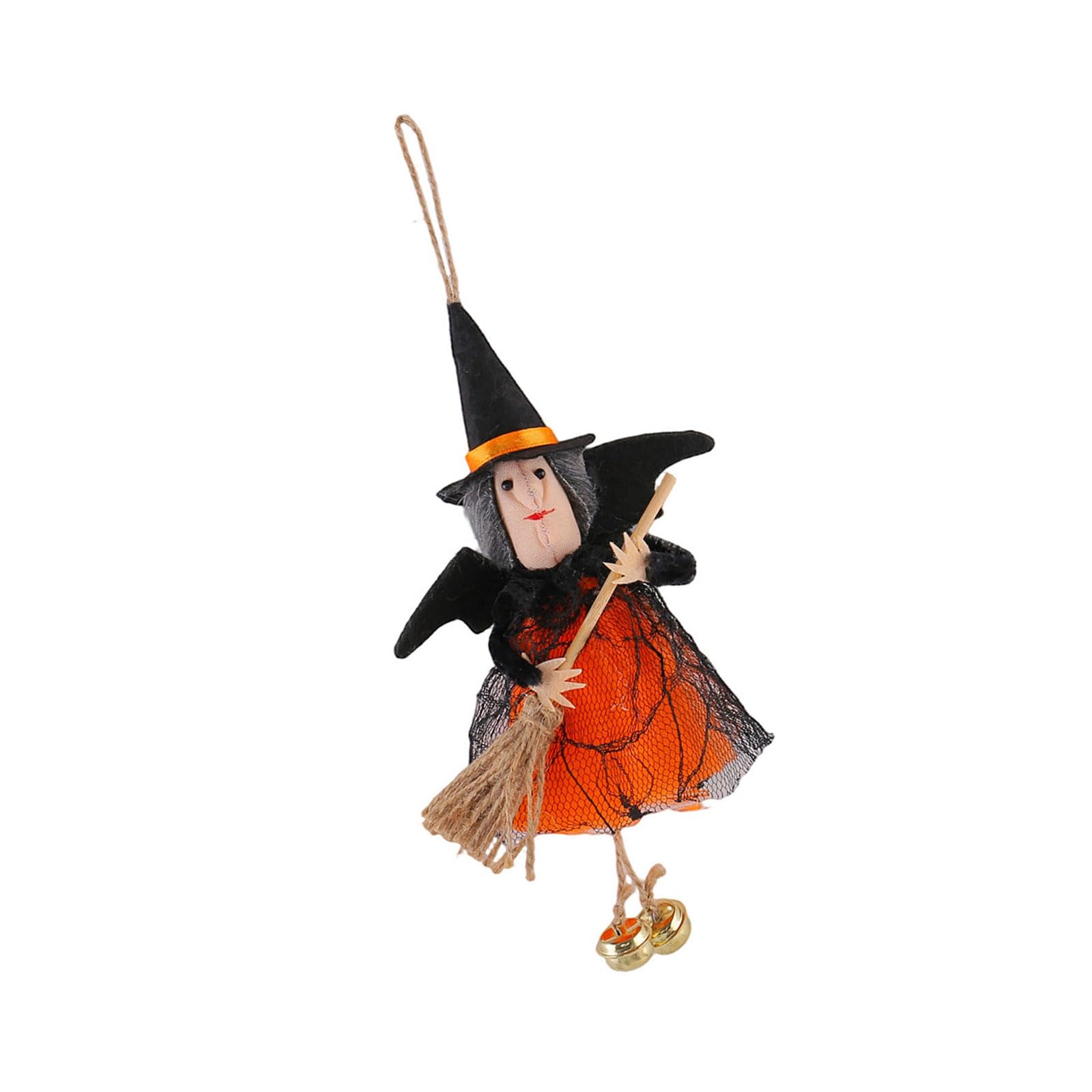 Whoasyst Stuffed Witch Broom Decoration with Attached Metal Bells Hanging Ornament for Magical Themed Parties and Event Halloween Ornamentation
