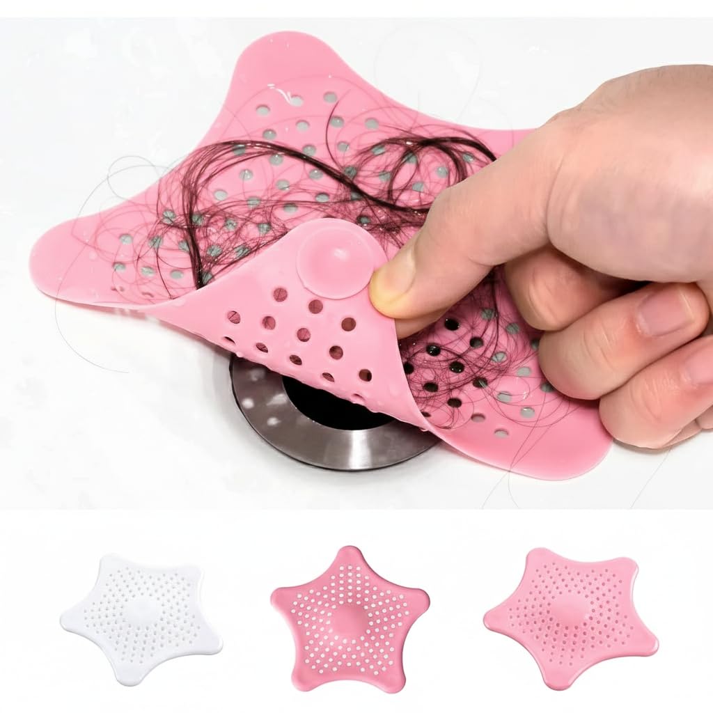 Drain Hair Catcher 3 Pack - Star Shaped Silicone Drain Cover with Strong Suction Cups - Kitchen Bathroom Shower - Prevents Clogs - 5.9 Inch (Pink) - 2