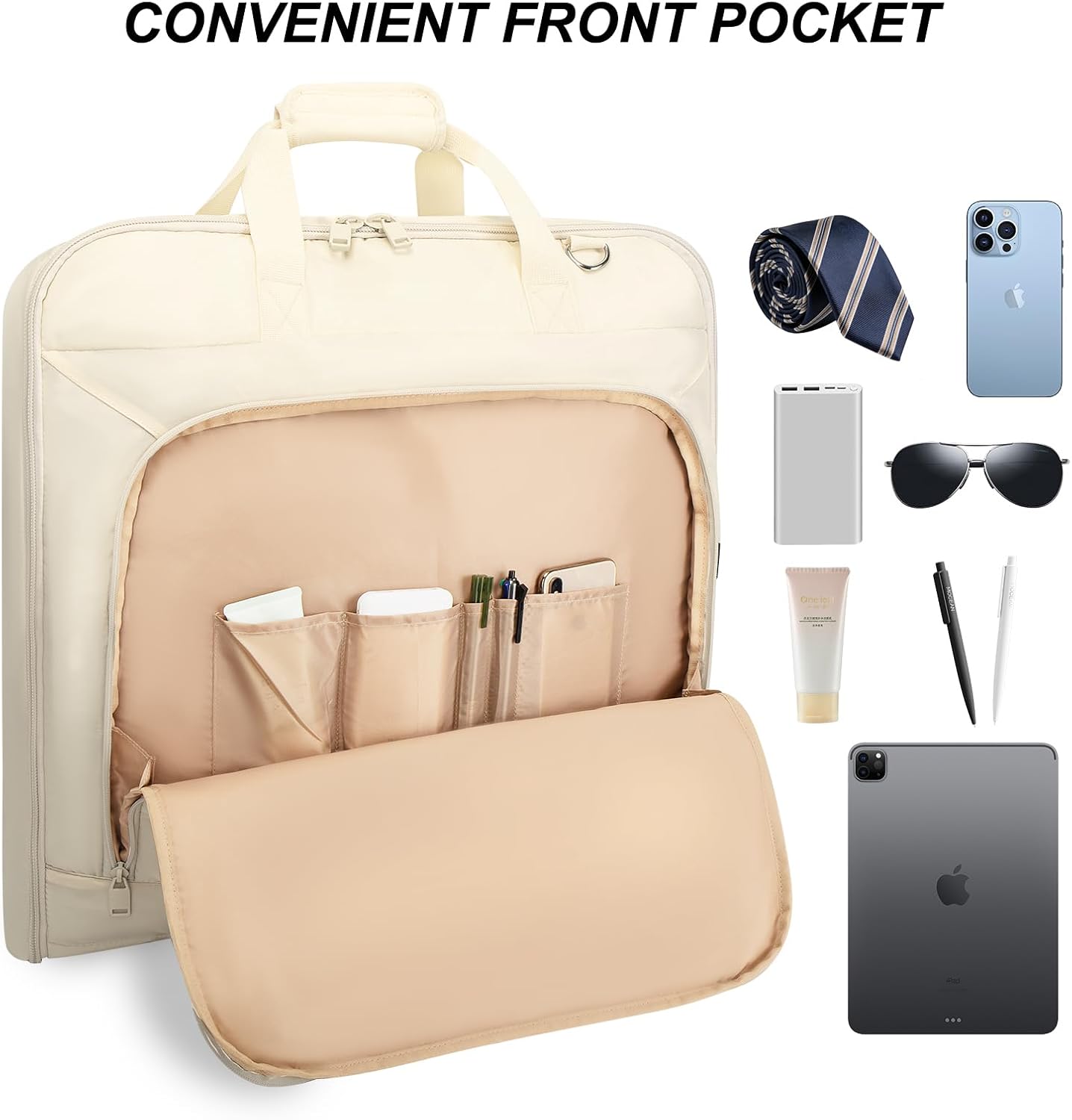 Travel Garment Bag for women,Lightweight Puffy Carry on Garment Bag for Hanging Clothes,44.7'' Waterproof Travel Suit Bag with Shoulder Strap,2 in 1 Foldable Duffle Bag,Beige