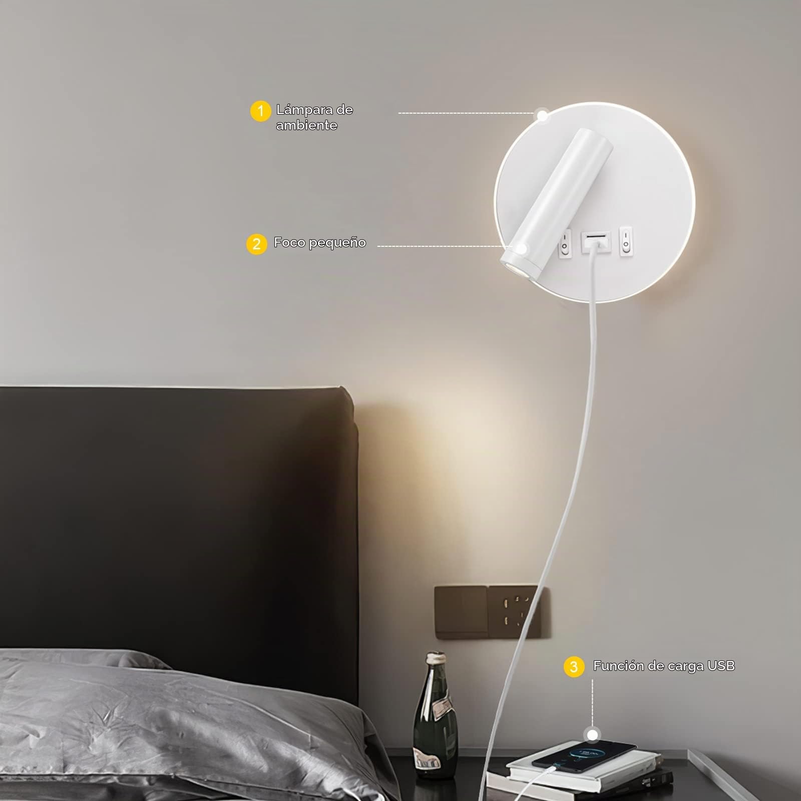 Weigudoc Luz de Pared LED con Puerto de Carga USB, Luz de Lectura Junto a Cama Ajustable, Foco orientable (3W 3000 K + 9W 3000 K), Giratoria Lámpara De Noche para Dormitorio Hotel (2 Blanco)