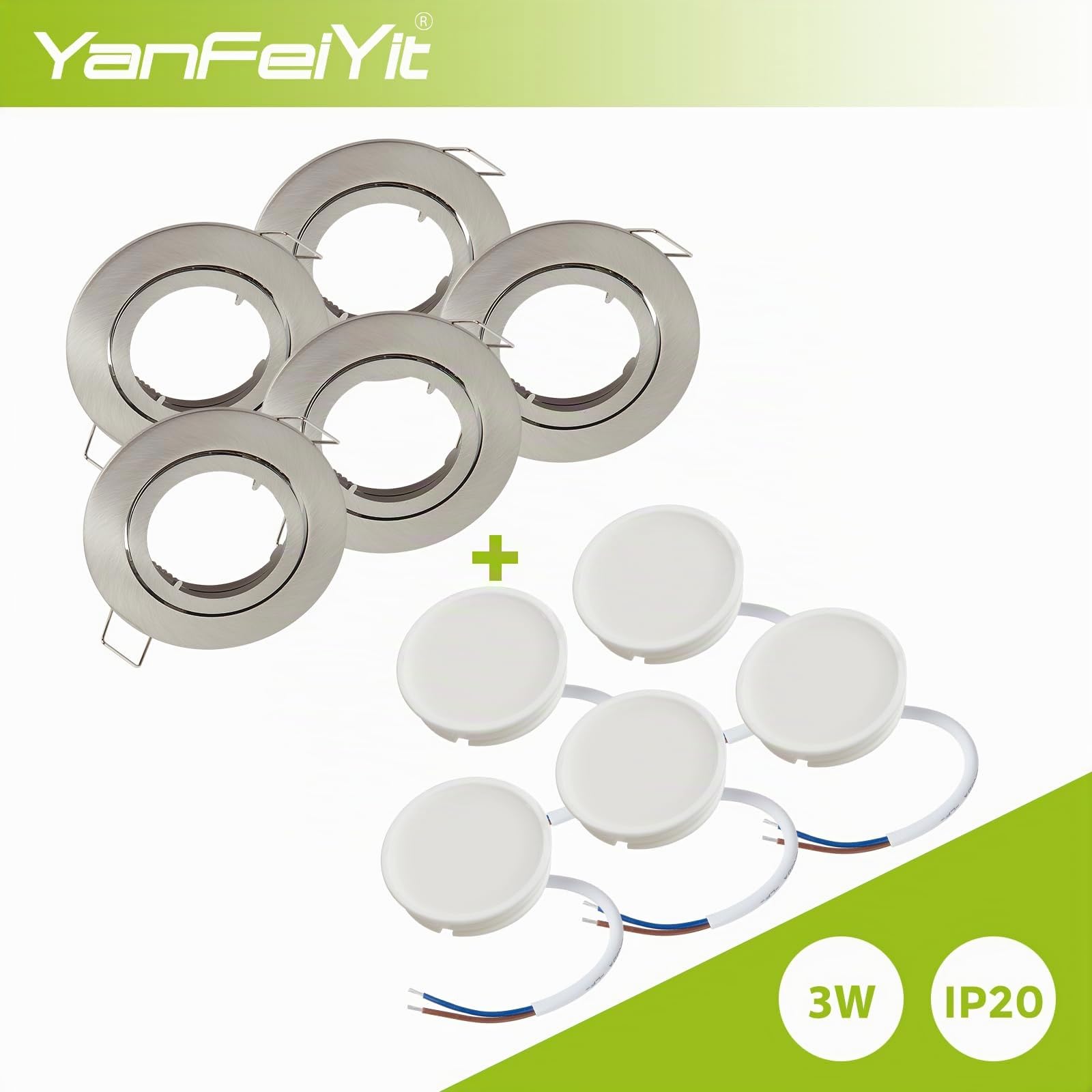 Spot LED encastrable 3W Ultra plat 25mm Ø68mm Chrome mat 230V Dimmable Blanc chaud Set 5