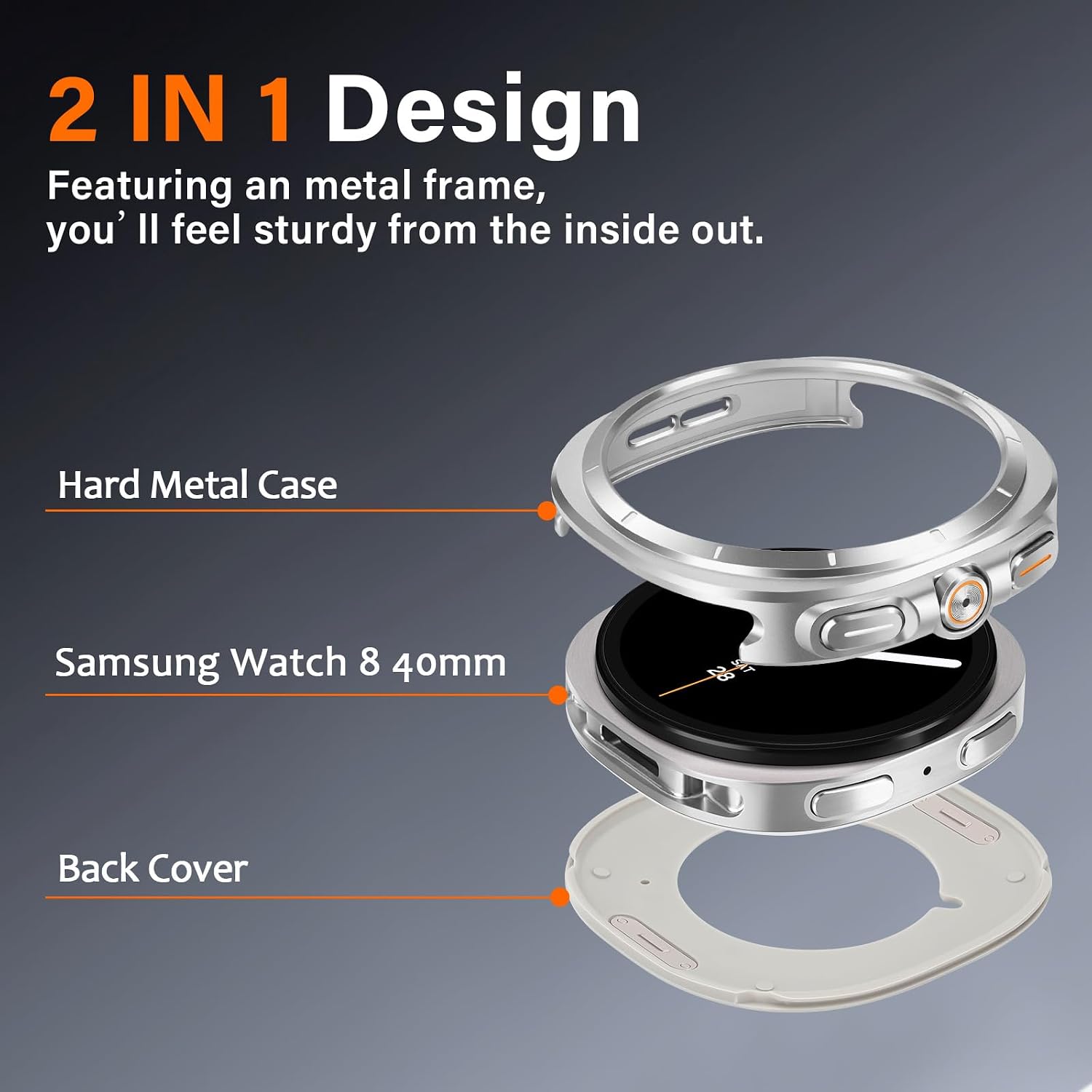 Amizee Rugged Case Compatible with Samsung Galaxy Watch 8 40mm with Back Cover, Metal Bumper Ultra Thin Shockproof Protective Cover for Galaxy Watch 40mm, Silver/White