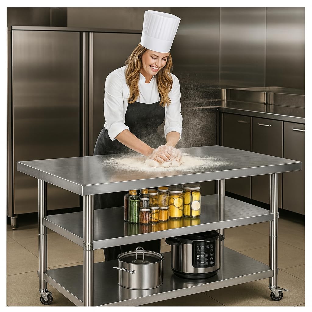 Stainless Steel Table with Wheels for Food Preparation and Work, Multi-Size Optional, Three-Layer Variable Two-Layer Metal Commercial Workbench Outdoor, Restaurant, Kitchen (48" Lx32 Wx34 H)