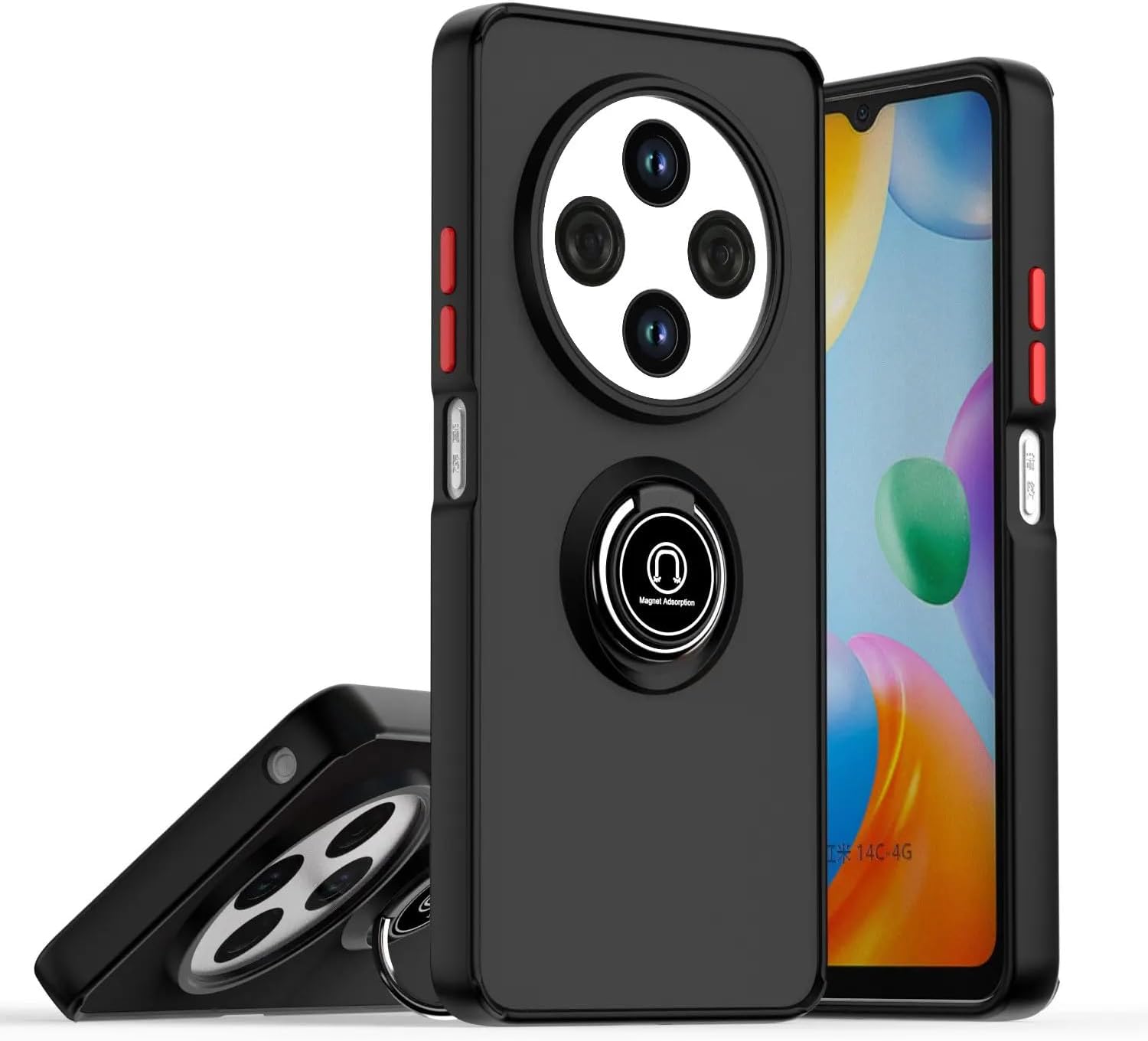 Designed Case for Xiaomi Redmi 14C Case Cover Metal Ring Holder Grip Kickstand Car Magnetic Mount Shockproof Matte Hard Back Bumper Case for Xiaomi Redmi 14C 2024 (Black)