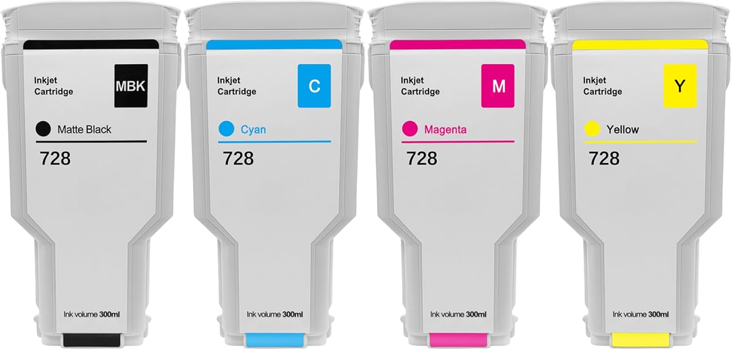 YOUEXPERT 728XL Ink Cartridges 4PCS Replacement for HP 728 F9J68A F9K17A F9K16A F9K15A for HP DesignJet T730 & T830 Large Format Plotter Printers (BK, C, M, Y, 300ML)