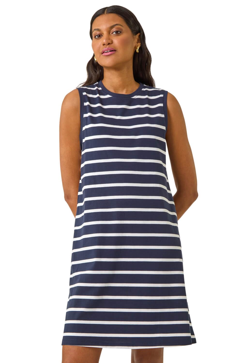 Roman Women's Navy Stripe Jersey A-Line Stretch Dress Size 18