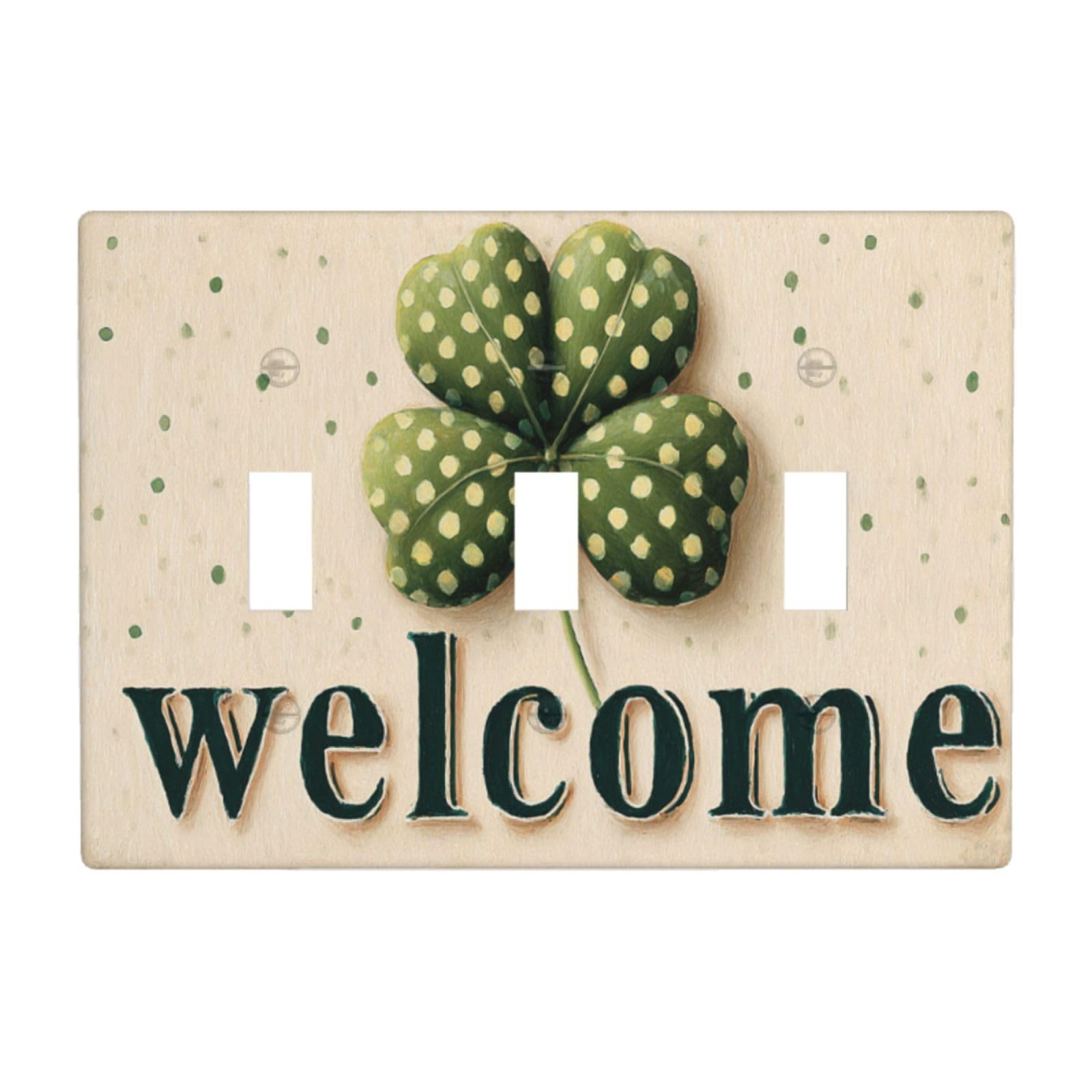 Cute St. Patrick's Day Polka-Dotted Shamrock Light Switch Covers 3 Gang Triple Toggle Wall Plate Switchplate Electrical Faceplate for Bathroom Kitchen Bedroom Decor