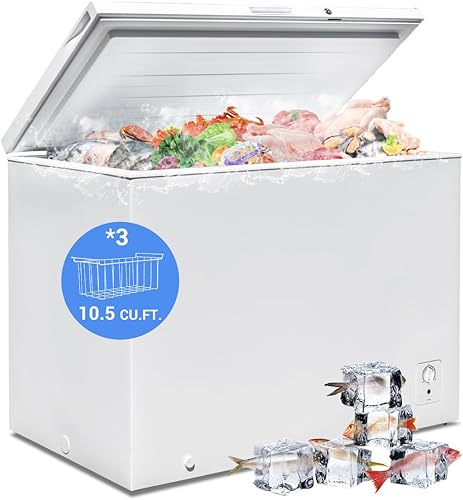 Smad Congelador de pecho de 10.5 pies cúbicos, congelador profundo grande con cerradura y 3 cestas extraíbles, termostato ajustable, bajo ruido,