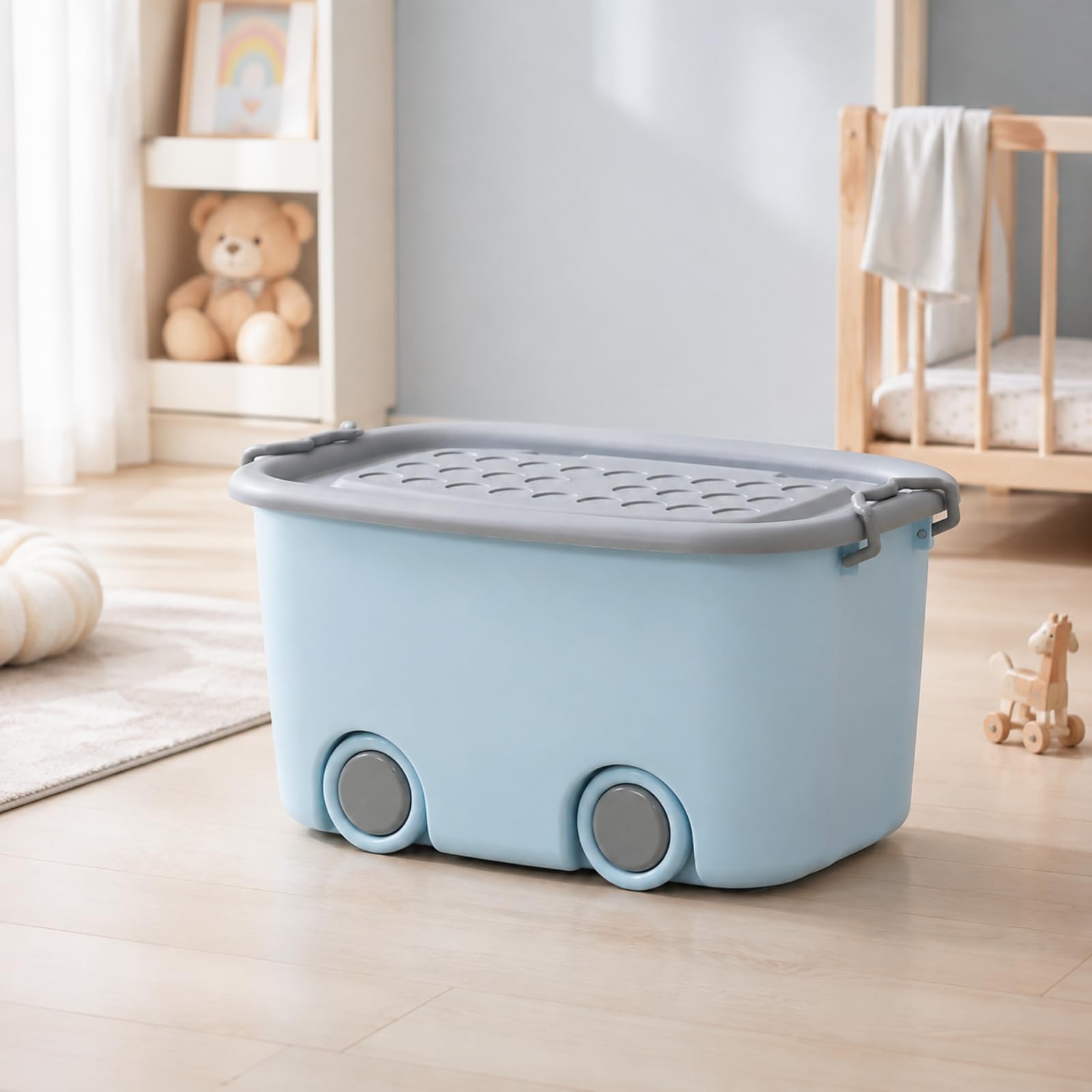 Caja Almacenamiento con Ruedas Multiusos Recipien Plástico con Larales Móvil Organizador Armario Apilable para Sala Estar, 58x39x31cm