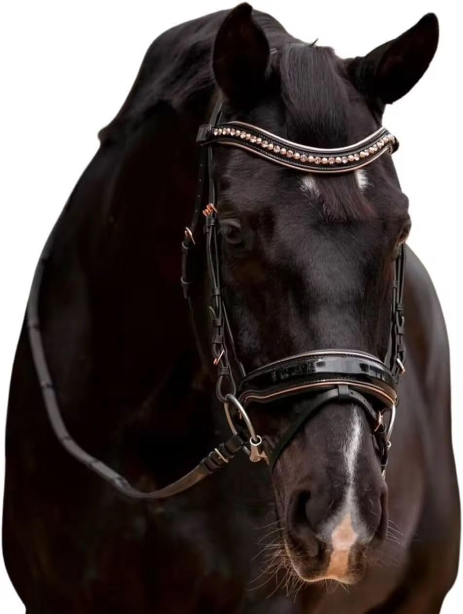 Rose Gold Leather Horse Bridle with Crystal Browband – Padded English Bridle,Riding Size Full Soft Leather Headstall with Rose Gold Hardware for Dressage, Jumping & Show