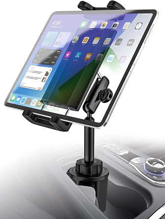Cup Holder Tablet Mount for Car [Anti-Shake Metal Arm] Heavy Duty iPad Cup Holder Mount for Truck, Tesla, Vehicle, for iPad Pro 12.9 Air Mini Galaxy Z Fold iPhone, 4-13 Cell Phone Tablets