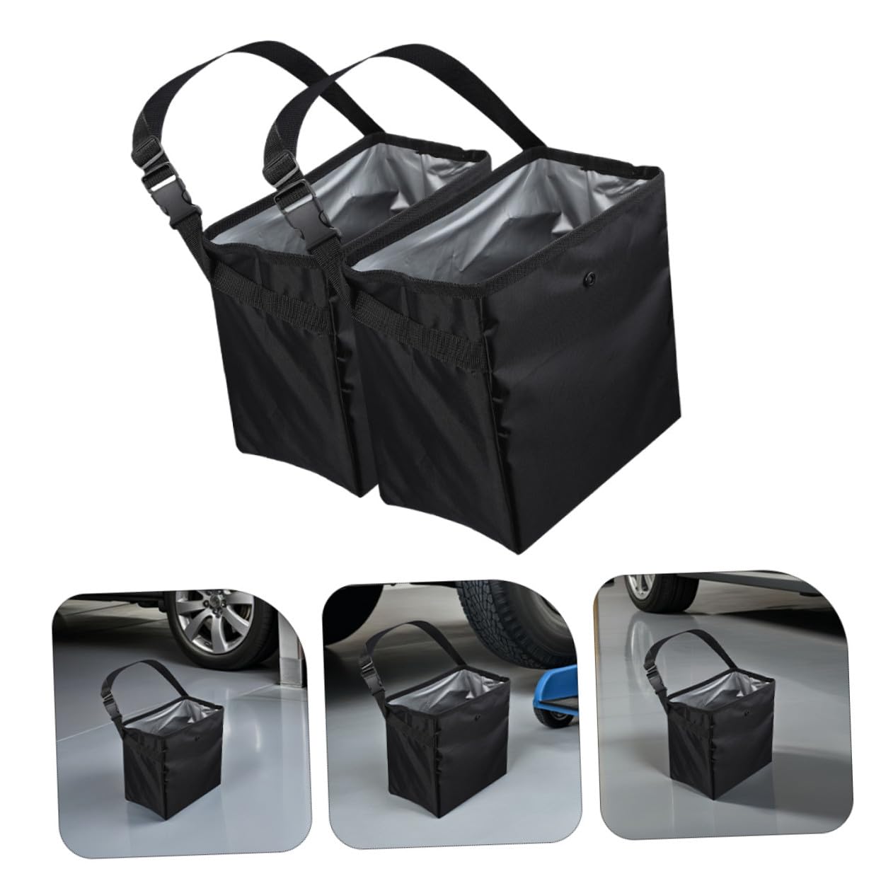 Mikinona 2 Stück Auto Mülleimer 8, 5 L Schwarz aus Nylon und Pvc | Aufbewahrungsbox für Reisen, Camping und Haushalt, für Werkzeug und Spielzeug, Multifunktional