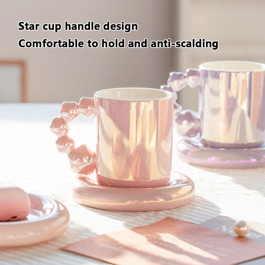 Ceramiczny zestaw kubków do kawy do cappuccino i latte, białe filiżanki do espresso z uchwytem w gwiazdki, zawiera spodki, 320 ml, idealny dla miłośników kawy
