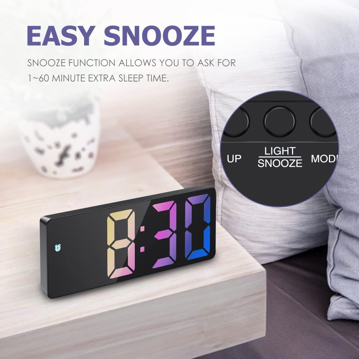 OQIMAX Digital Alarm Clock displaying 8:30 with the LIGHT/SNOOZE button highlighted, indicating easy snooze functionality.
