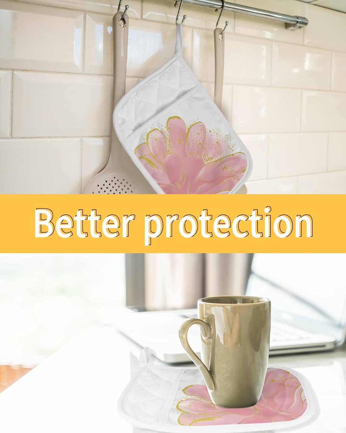 Blush Pink Gold 5Pcs Pot Holders for Kitchen,Non Slip & Heat Insulation Terry Cloth Potholder Set with Pocket,Thick Hot Pad Oven Mitts Trivet Coaster for Baking,Abstract Contemporary Flower Art