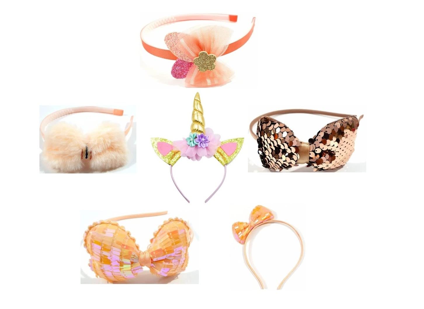 ANNA CREATIONS 6 Pcs Korean Fashionable Fancy Stylish Glitter Bow knot Fur and Unicorn hair Plastic teeth hairband for Girl and Kids Hair Accessories