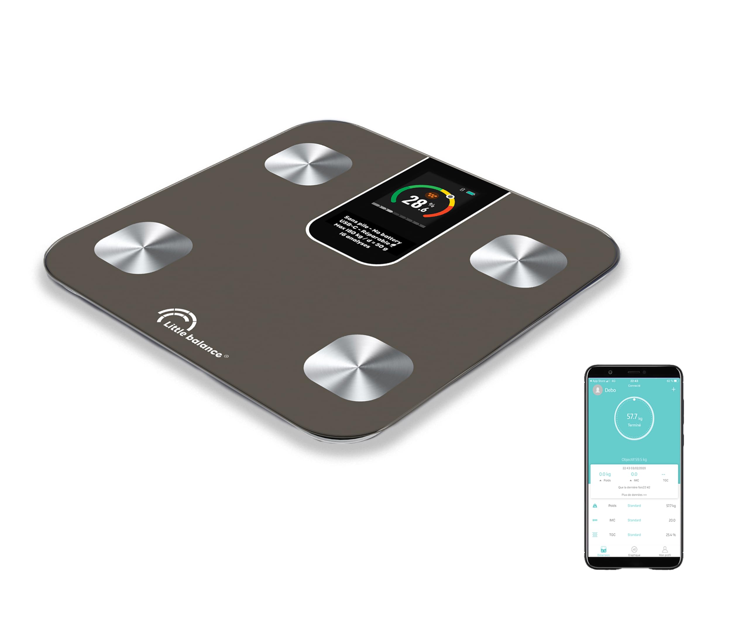 LITTLE BALANCE 8837 IC-X4-TFT, Pèse Personne, Ecran XXL couleur, Balance Impédancemètre Connecté, Pèse-personne Intelligent avec application, Sans Pile USB-C, 4 électrodes, 22 mesures, 180 kg/50 g