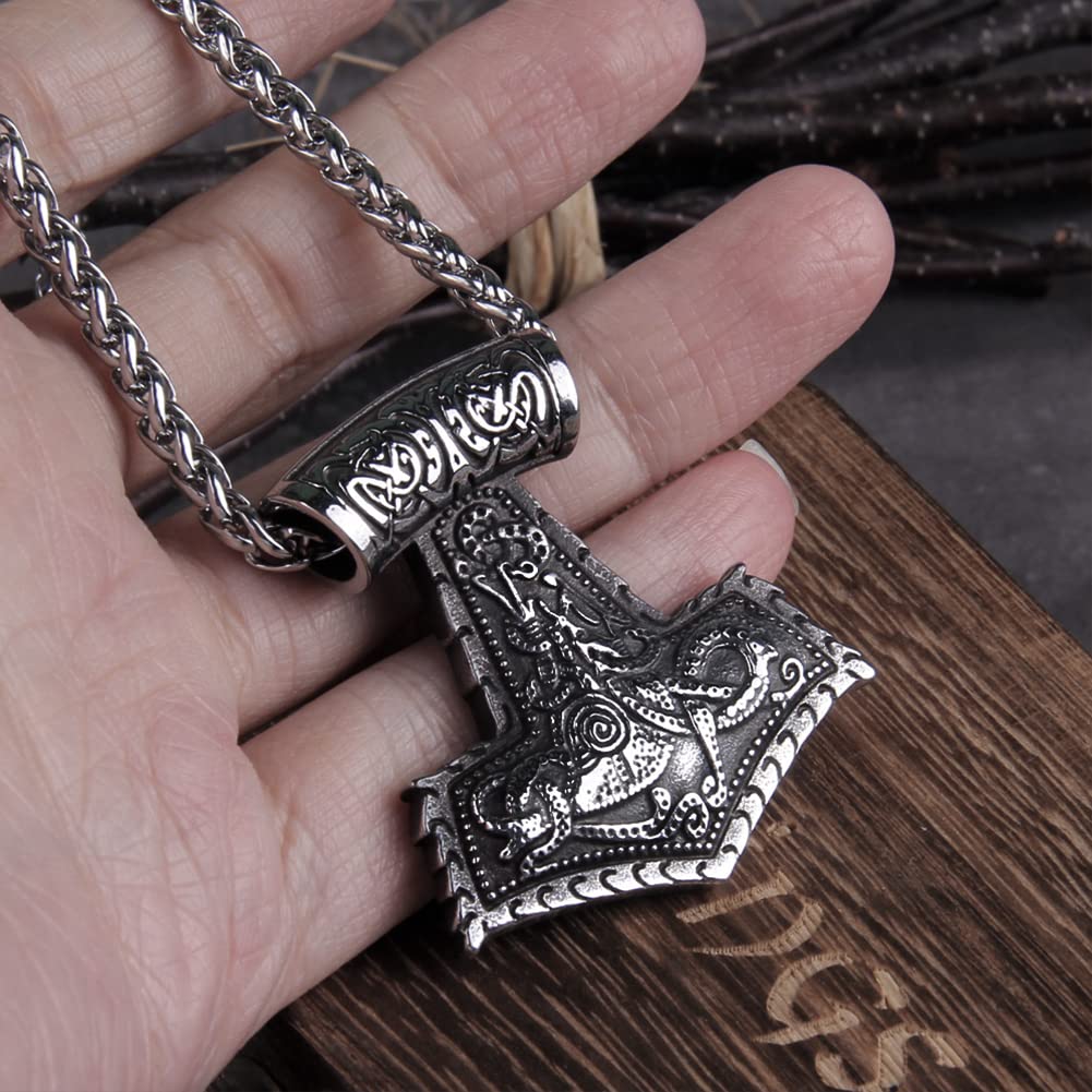 Fandao Retro Viking Totem Mjolnir Men's Necklace, Nordic Thor's Hammer Pendant Stainless Steel Chain Necklace with Wooden Box, Pagan Jewelry