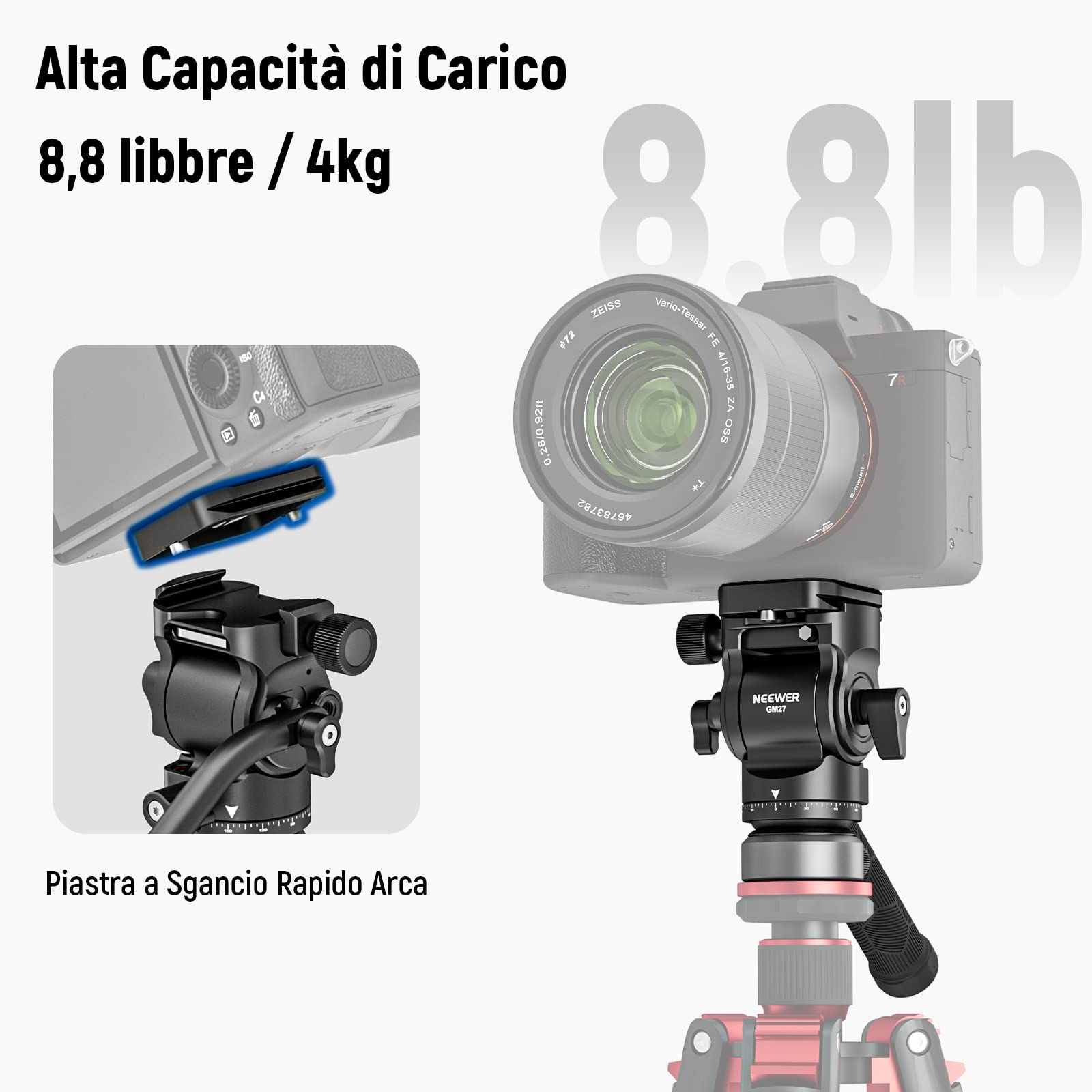 NEEWER Testa Fluida per Treppiede con Base di Livellamento +/-10°, Testa Video Pan Inclinabile con Piastra QR Arca, Maniglia Telescopica, Panno Pulizia per Videocamera Fotocamera DSLR, Max 4kg, GM27