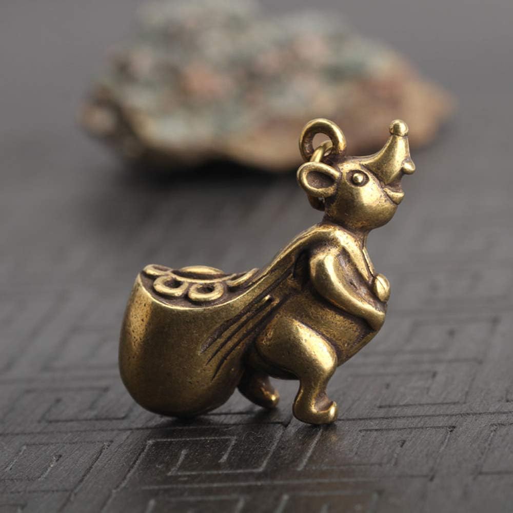 XIAOBAI-WJ Sculpture Cold Cast Bronze Statue, Brass Sack Counting Money Zodiac Rat Fortune Rat Play Pieces Hanging Antique Copperware Home Decor Gift Idea H3.9Cm