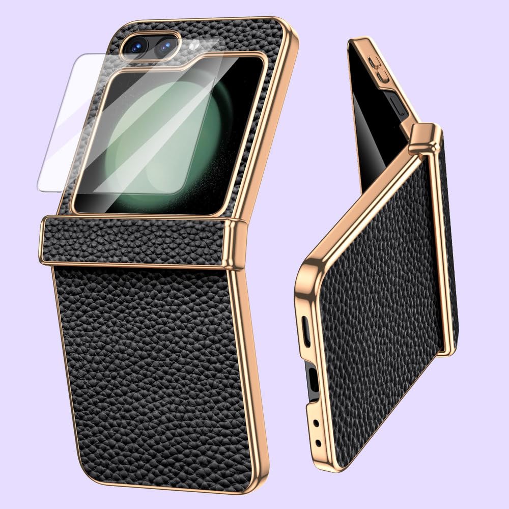 Funda de Cuero para Samsung Galaxy Z Flip6, Flip5, Flip 6, 5, ZFlip5, con bisagra de Lujo y Vidrio Templado, Color Verde. para Galaxy Z Flip6.