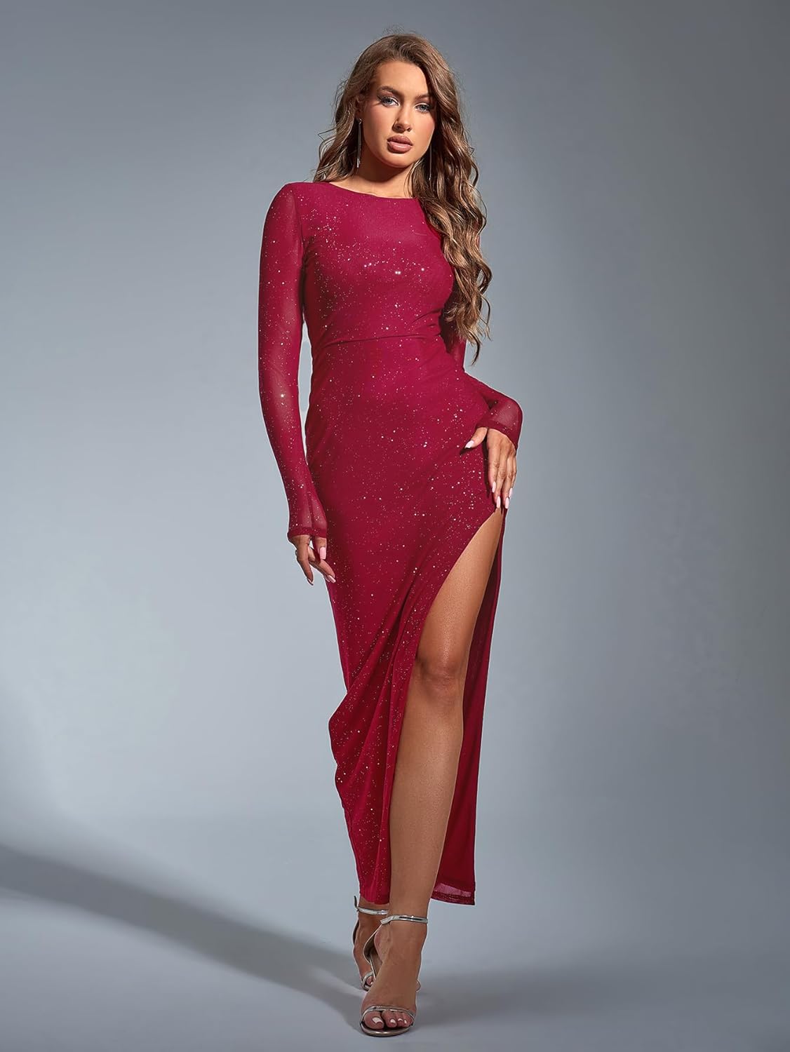 Long Sleeve Sparkly Mesh Dress Bodycon Maxi Side Split Tie Wedding Guest Formal Long Fall Dresses for Women 2025 - Image 3