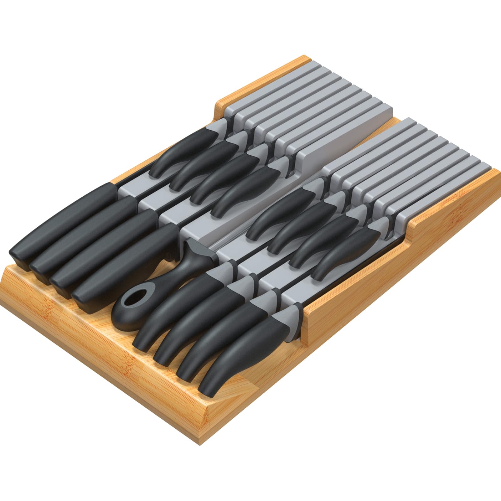 NIUXX In-Drawer Knife Block Set without Knives, Kitchen Gray Drawer Steak Knife Holder Organizer, Detachable Cutlery Storage Rack for 16 knives and 1 Sharpening Steel