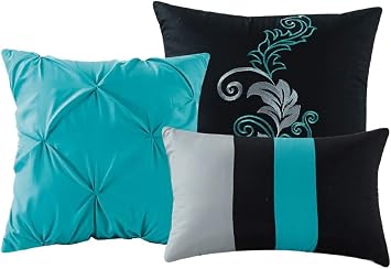 Chezmoi Collection Napa 7 Parça Lüks Yapraklar Kıvrımlı Nakış Yatak Yorgan Seti (Kraliçe, Cam Göbeği Mavisi/Gri/Siyah)