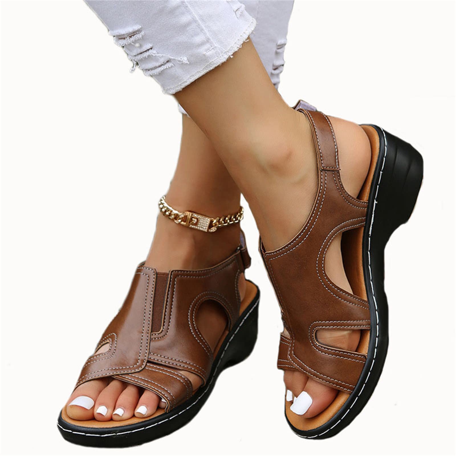 Doix Women's Brown Wedge Sandals For With Arch Support Comfy Platform Orthopedic Fish Mouth Sandals With Hook Loop Ankle Strap Summer Outdoor Anti Slip Wide Fit Sport Shoes,,Us7/Eu38