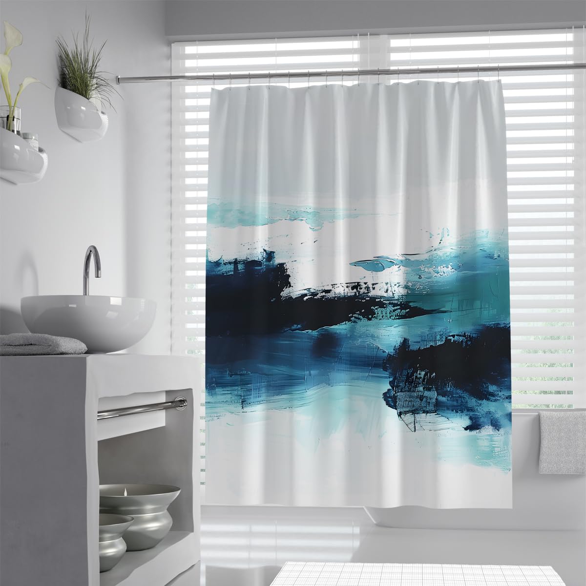 UIRINGART Contemporary Shower Curtain W200xL240cm Ocean Navy Cyan Blue White Abstract Watercolor Painting Texture Pattern Mildew Mould Resistant Fabric Bathroom Bathtub Curtains with Hooks