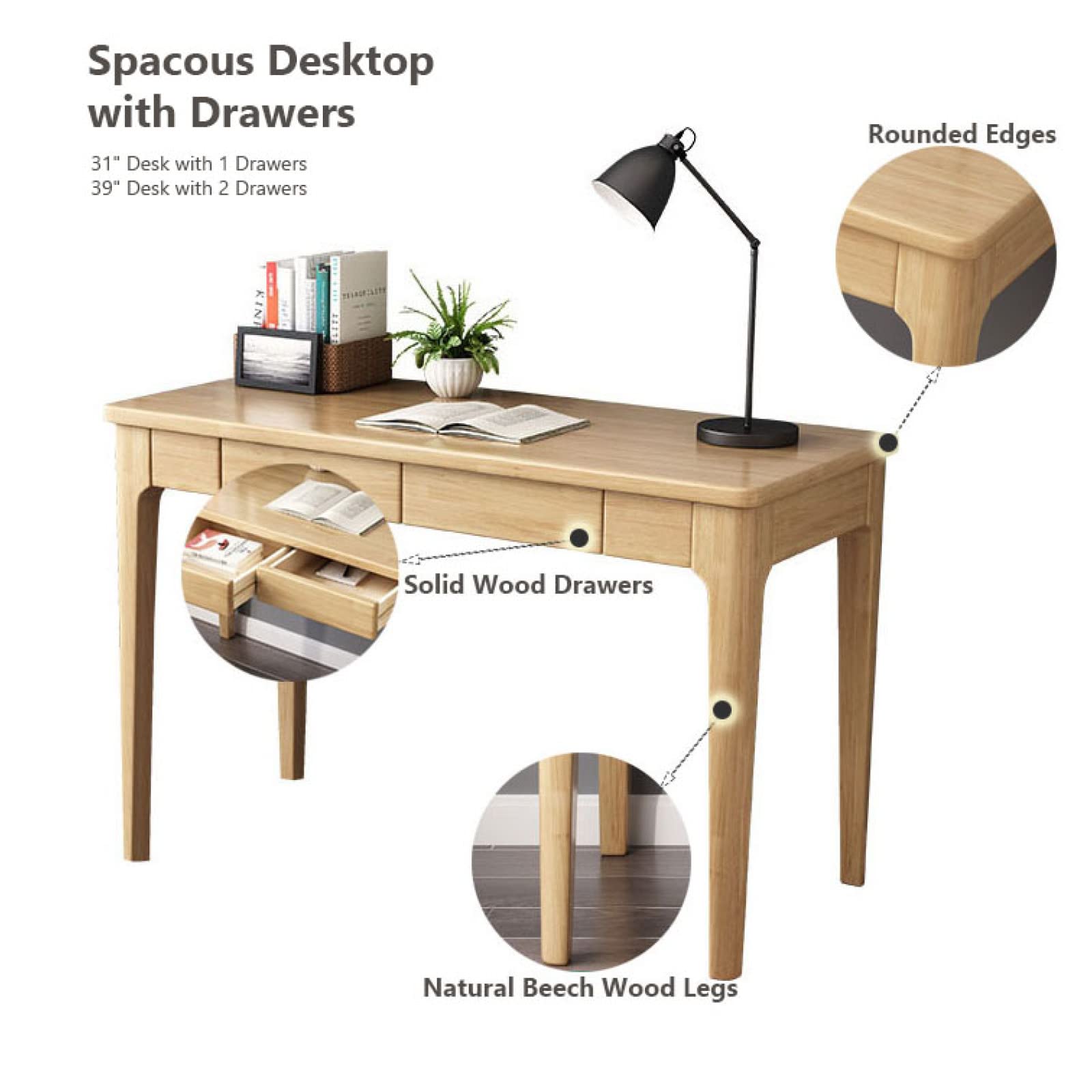 Amazon | 無垢材デスク、引き出し付きコンピューターデスク、ミッド