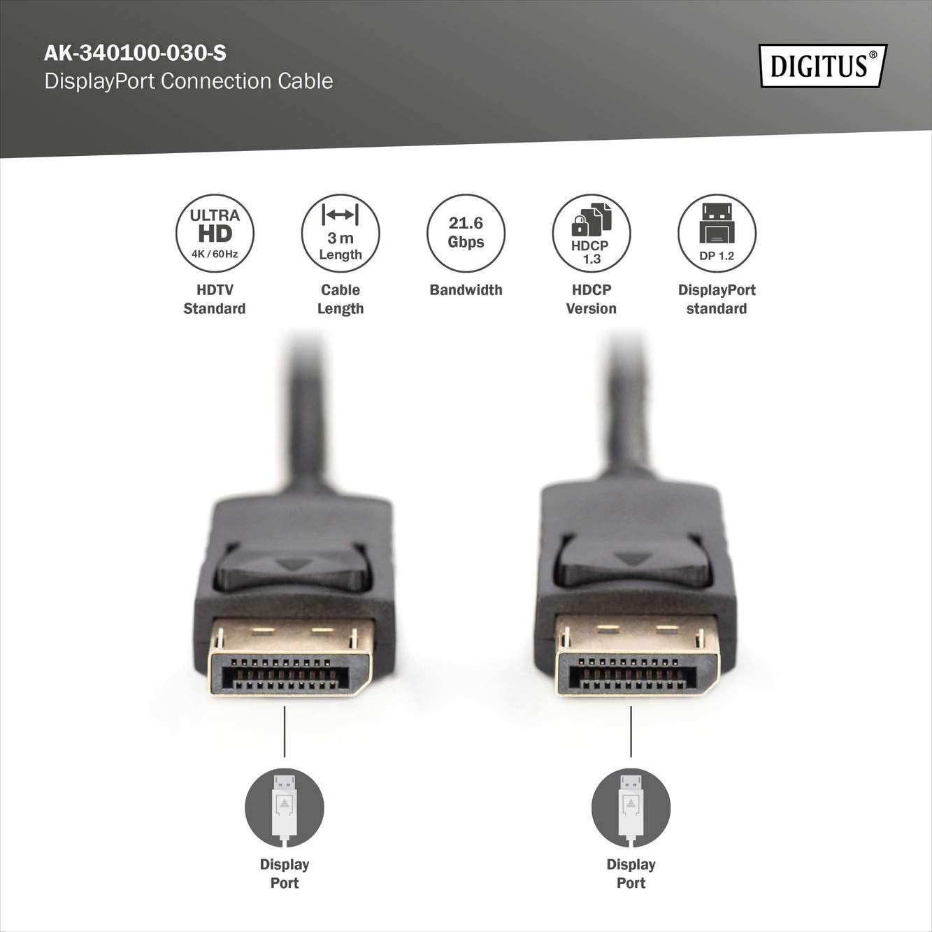 DIGITUS Câble DisplayPort - UHD 4K/60Hz - 4m - avec verrouillage - HBR 2 - Compatible avec moniteur, carte graphique gaming