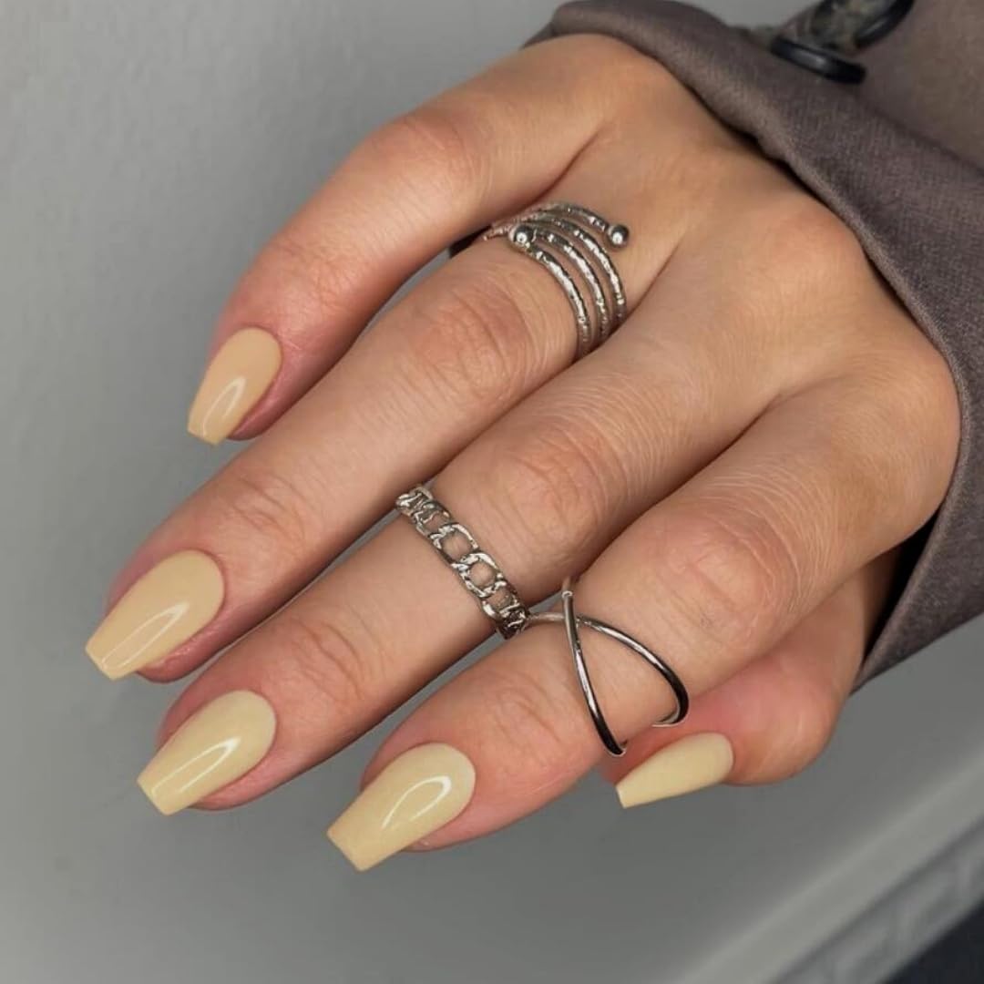 KQueenest Pastel Yellow Press on Nails Short Medium Coffin, Beige False Nails Short Ballerina - Image 3