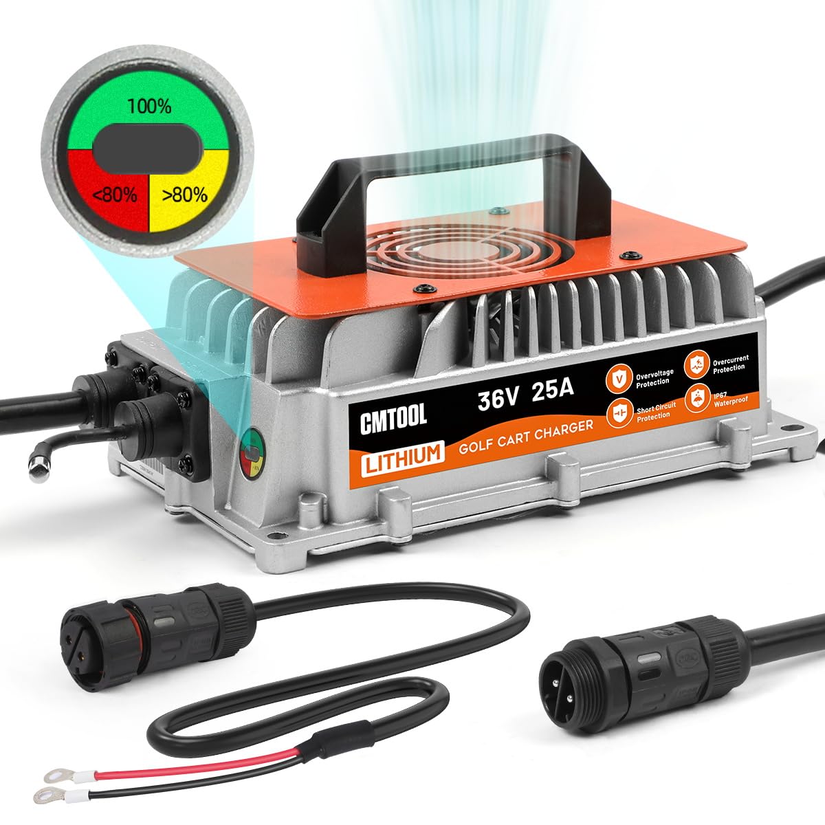 CMTOOL 36V 25A Lithium Battery Charger, 1250W 43.8V Fast Charging for Golf Cart, IP67 Waterproof, Charging Efficiency ≥ 94%, Plug and Play for Golf Cart, Trolling Motor, Forklift