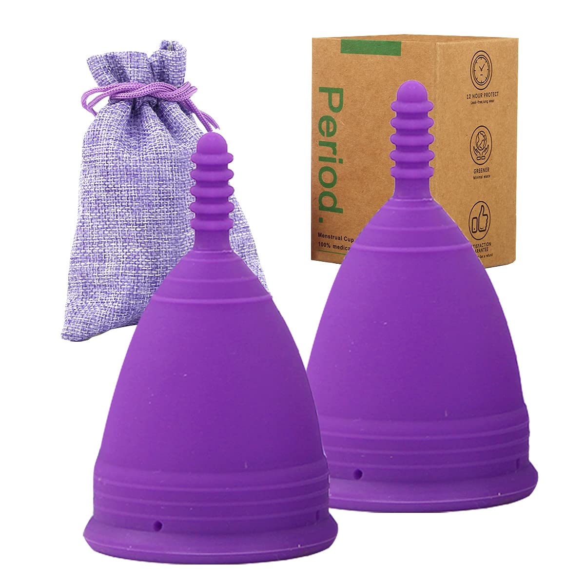 Soft Menstrual Cups, 2Pcs Reusable Period Cup Most Comfortable Period Cups for Women Super Soft and Flexible Best Sensitive Cup with Size Small and Large (Purple, L)