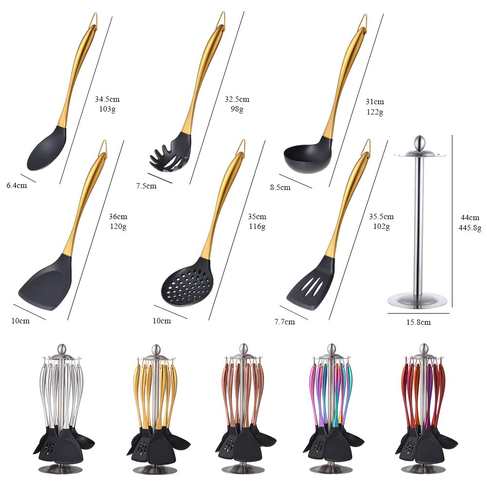 Silikon-Küchenhelfer-Set, 7-teilig, Kochutensilien mit Halter, hitzebeständig und kratzfest, Schöpflöffel, Nudelheber, Löffel, Pfannenwender, Regenbogenfarben