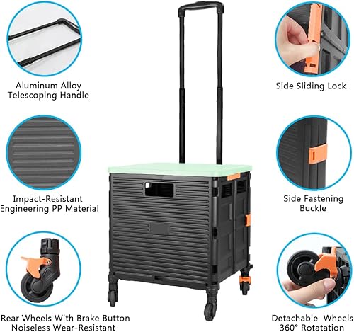 Miniatura 183 de FELICON SELORSS - Carrito plegable portátil con ruedas para subir escaleras y ruedas giratorias de 360°, mango telescópico, caja de plástico